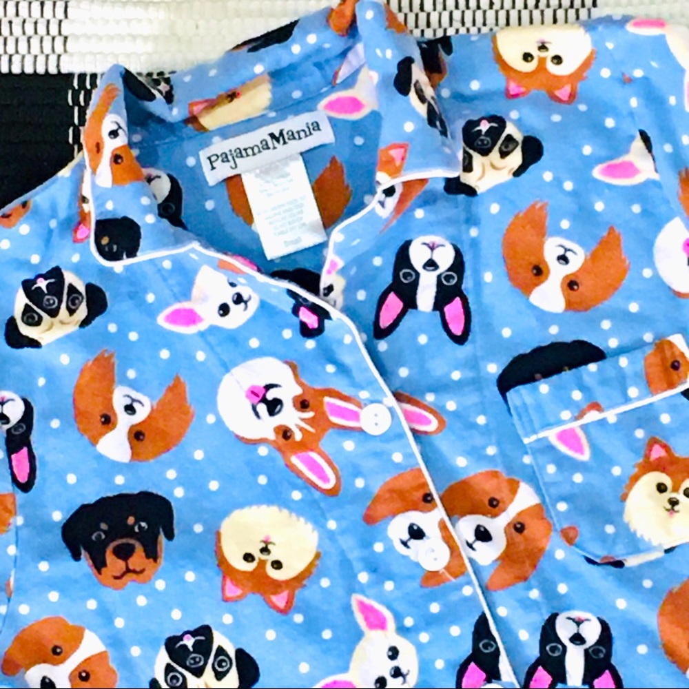Flannel pajama top NEW dog cats animal print - sky blue - small sleep